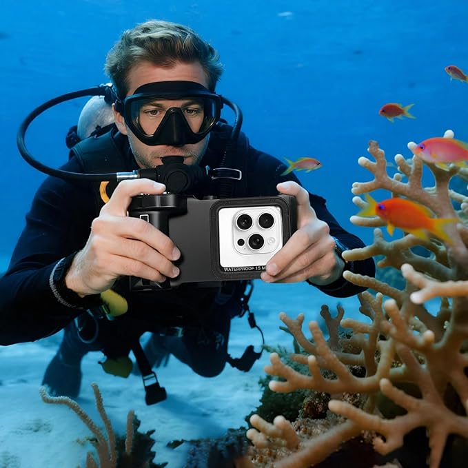 50ft/15m Waterproof Snorkeling Diving Phone Case for iPhone 16-11 pro/pro max & Samsung S24-S21, Underwater Photo & Video Housing with Bluetooth Control Black