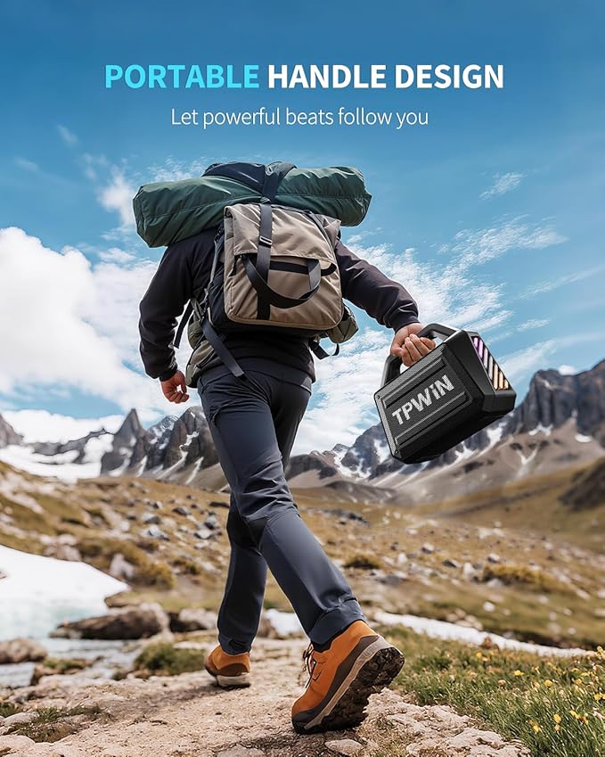 Bluetooth Speaker - 80W Loud Rugged Outdoor Speakers, IPX6 Waterproof, 20H Playtime, Deep Bass, Lightshow, TWS, BT 5.3 Wireless, Portable for Travel Hiking Camping Beach Pool - Black