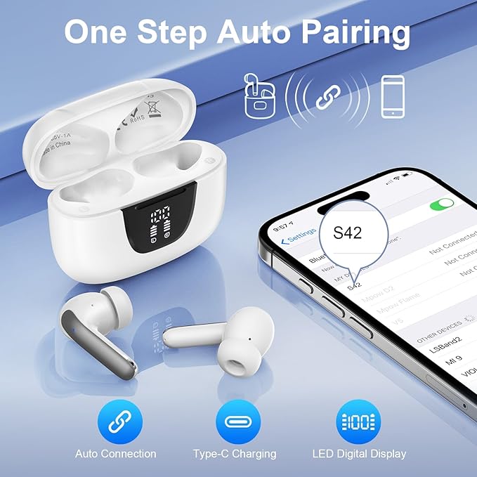 Wireless Earbuds for Samsung Galaxy S25 S24 Ultra, Bluetooth 5.3 Headphones Bass Stereo Noise Canceling Ear Buds with Mic LED Display, IPX7 Waterproof in Ear Earphones for Phone Laptop Sports Workout