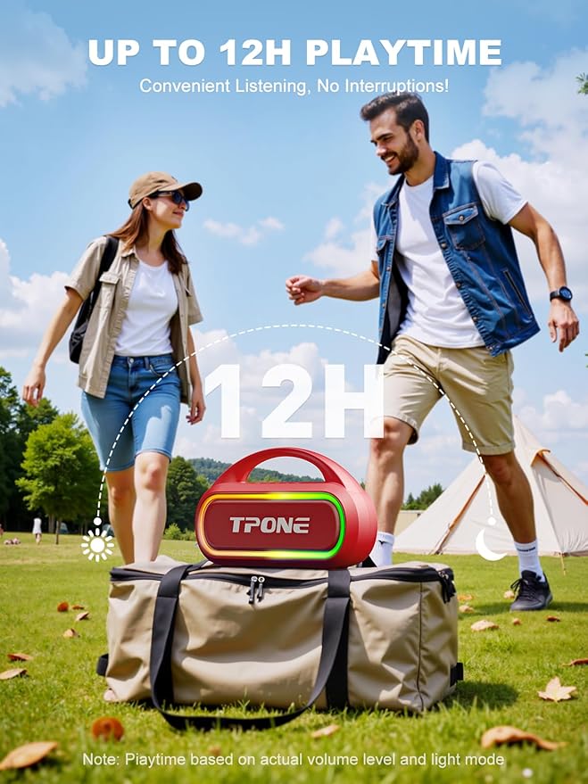 TPone Portable Bluetooth Speaker, 30W (Peak) Wireless Speaker for Outdoor, Up to 12H Playtime, IPX5 Waterproof with Light, TWS Pairing, for Home/Party/Outdoor/Beach, Birthday Gift (Red)
