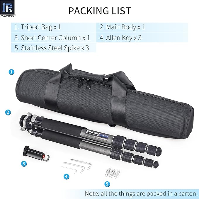 Carbon Fiber Travel Tripod-INNOREL GT255C 64.6in 5 Section Professional Compact Portable Camera Tripod Stand for Travel Outdoor Digital DSLR with Special-Shaped Center Column Max Load 33lb/15kg