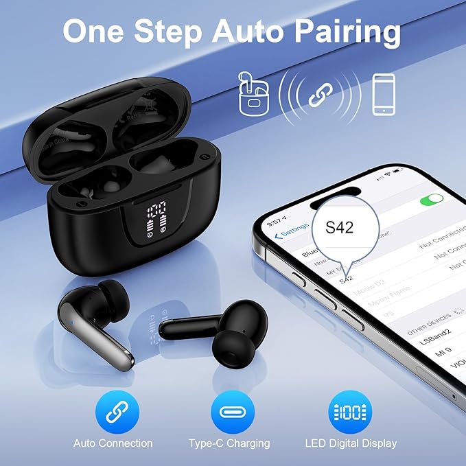 Wireless Earbuds Bluetooth 5.3 Headphones,Noise Cancelling EarBuds with Deep Bass 60H Playback Stereo Ear Buds with Mic LED Display Charging Case IPX7 Waterproof in Ear Earphone for Phone Laptop Sport