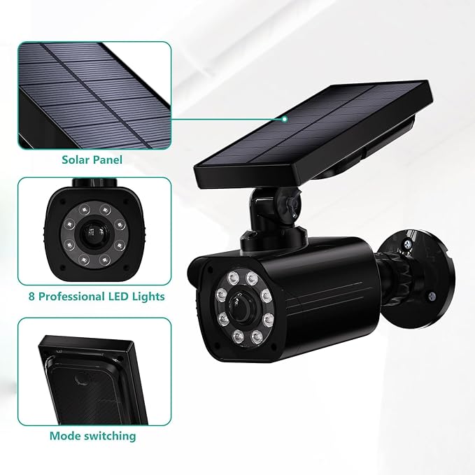 WALI Dummy Fake Camera, Security Camera with Motion Sensor Light, Simulated Surveillance Security CCTV Dome Camera Indoor Outdoor (TCB2-SOL), 2 Packs, Black-Solar