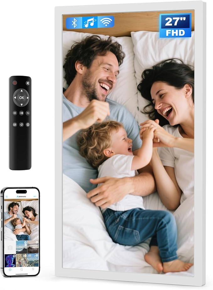 Large Digital Picture Frame 27 inch, 1920x1080 FHD IPS WiFi Digital Photo Frame with Remote, 32GB Storage, Auto-Rotate, Instantly Share Photo/Video via Apps/Email, USB/Mirco SD, White