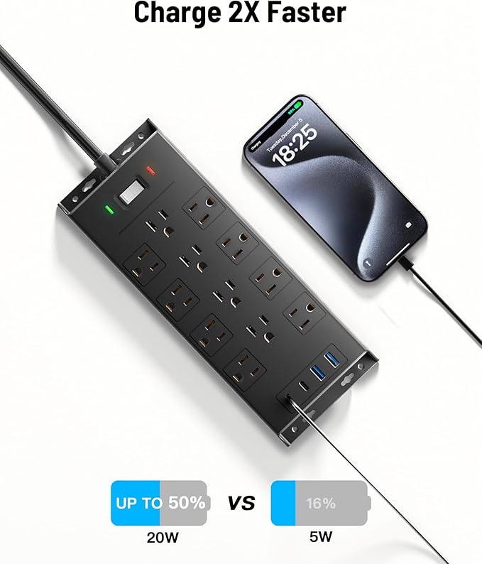 Surge Protector Power Strip 4800J, LeZone 10Ft Long Extension Cord Flat Plug, 12 Outlets 2 USB C 2 USB Ports, Wall Mountable, 20W Desk Charging Station, Black