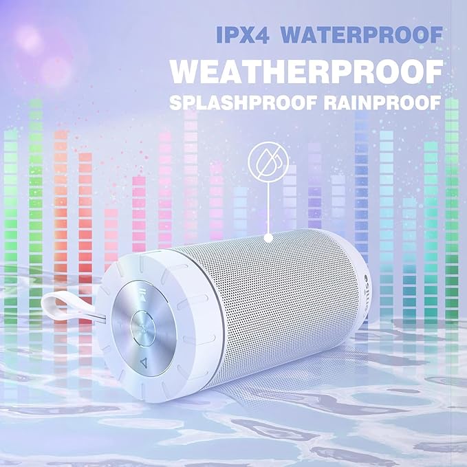 comiso X26 Bluetooth Speaker, IPX4 Waterproof Speakers 360° HD Surround Sound with Punchy Bass, Wireless Dual Pairing, 24H Playtime, Portable Speaker for Shower, Home, Outdoor, Camping, Beach-White