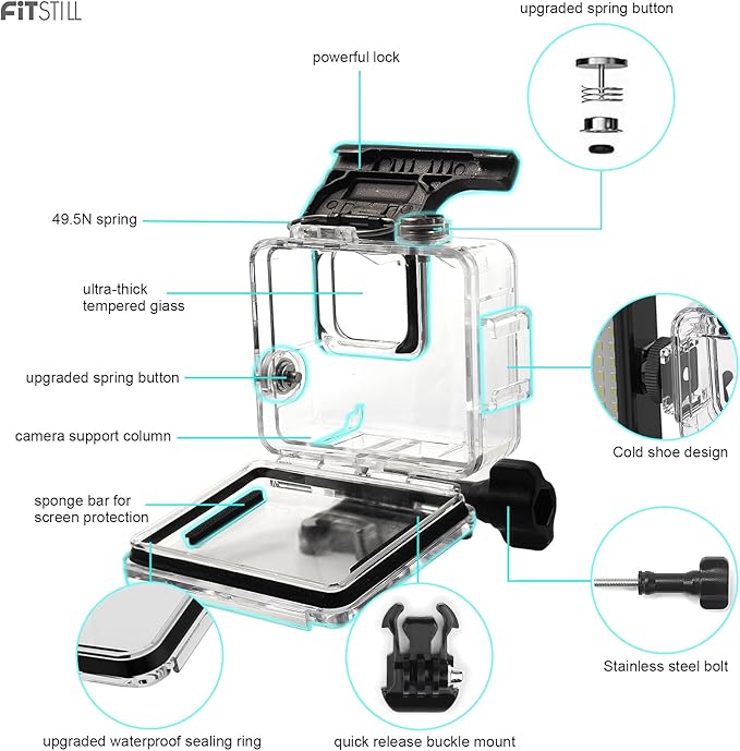 FitStill 45M/148FT Underwater Waterproof Case with Dive Filters Compatible for Go Pro Hero 4K,Monopod Floating Hand Grip Dive for Hero4K 2024 Action Camera Accessory Kit