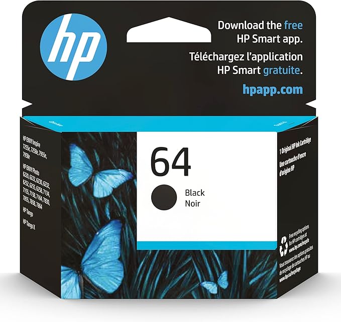 HP 64 Black Ink Cartridge for HP Printers | Works with Printer Series: ENVY Inspire 7950e; ENVY Photo 6200, 7100, 7800; Tango | Eligible for Instant Ink | N9J90AN
