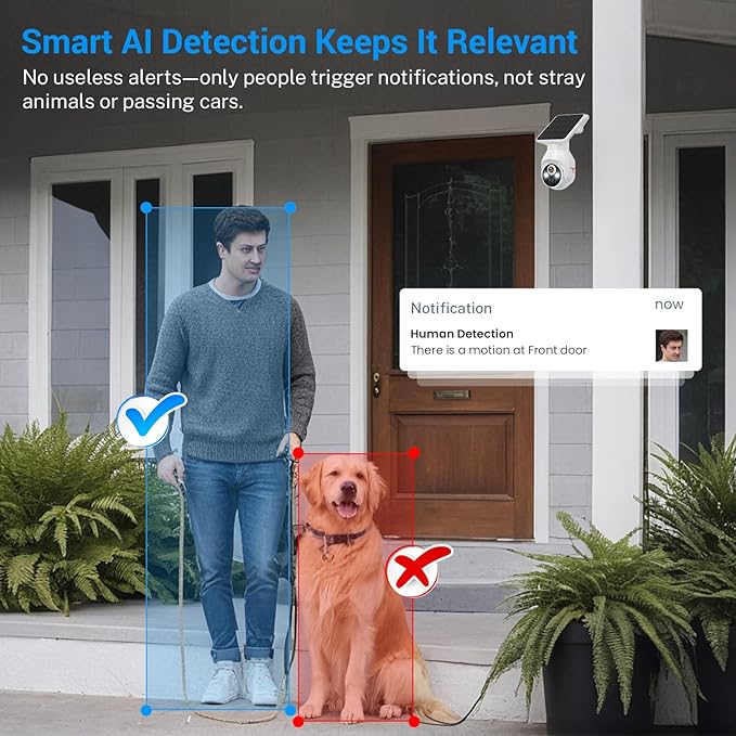 Solar-Powered 1080p Battery Camera, Security Cameras Wireless Outdoor for Home Surveillance, AI Human Detection, Cloud Storage (Sold Separately), 2.4G WiFi Only, Color Night Vision (WiFi)