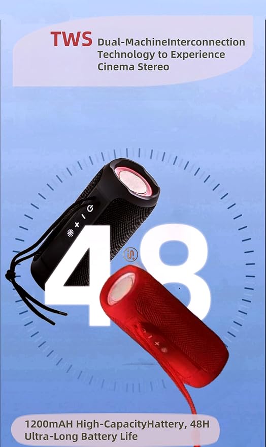 Portable Bluetooth Speaker,Waterproof Wireless Speaker with Colorful LED Flashing Lights,10W Super Bass 48H Standby Time,TWS Pairing, For Outdoors, Cycling Fitness, Family, Parties, Travel (Red)