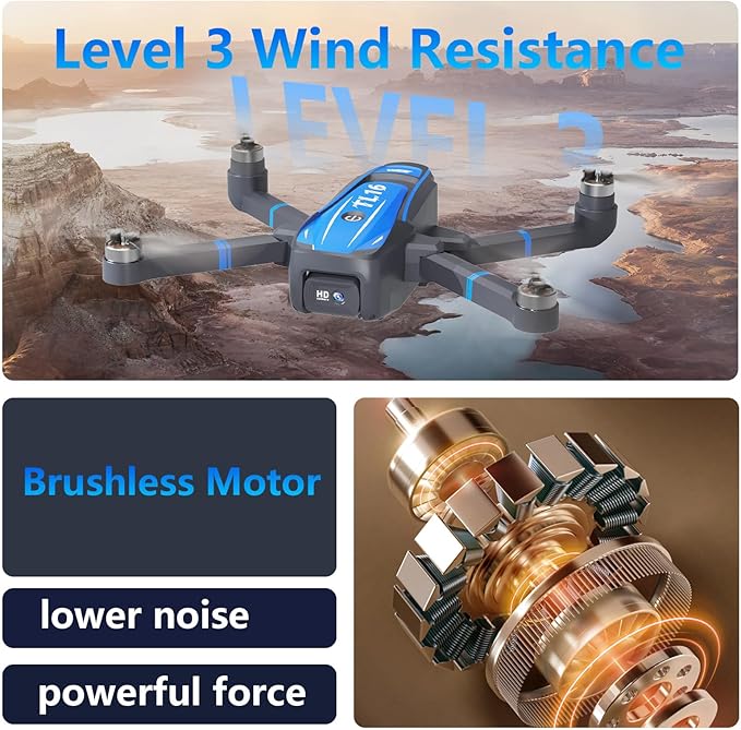 TL16 Drone with 4K HD Camera for Adults, Brushless Motor Drones Optical Flow Positioning 90° Motorised Adjustable Foldable Quadcopter for Beginners, Blue