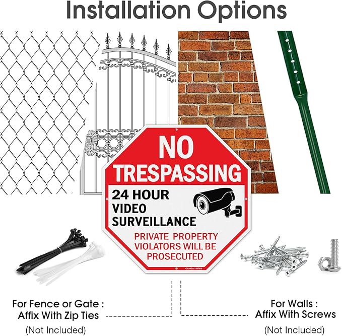 GicnKeuz Video Surveillance Sign, No Trespassing Signs Private Property Sign, 10x10 Inches Reflective Aluminum, Weather Resistant, Waterproof (2 pack)
