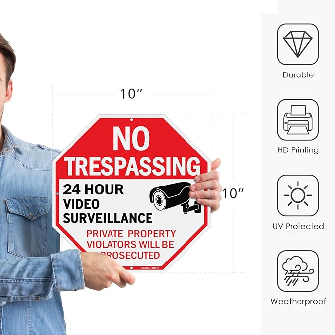 GicnKeuz Video Surveillance Sign, No Trespassing Signs Private Property Sign, 10x10 Inches Reflective Aluminum, Weather Resistant, Waterproof (2 pack)