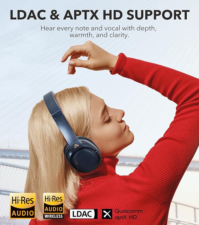 1Mii E700 Wireless Bluetooth Over Ear Headphones with Active Noise Canceling, Hi-Res Audio LDAC/aptX Low Latency for Airplane Travel Overhead Comfort, 54H Playtime, Custom EQ via App - Blue