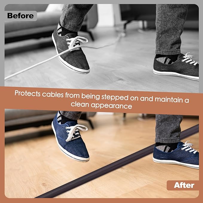 Floor Cord Cover for Wires on Floor Self Adhesive Cord Hider Floor Cable Management Wire Covers for Cords Protector Prevent Cable Trips Cord Cavity W 0.47" x H 0.27", Black Walnut, 10Ft