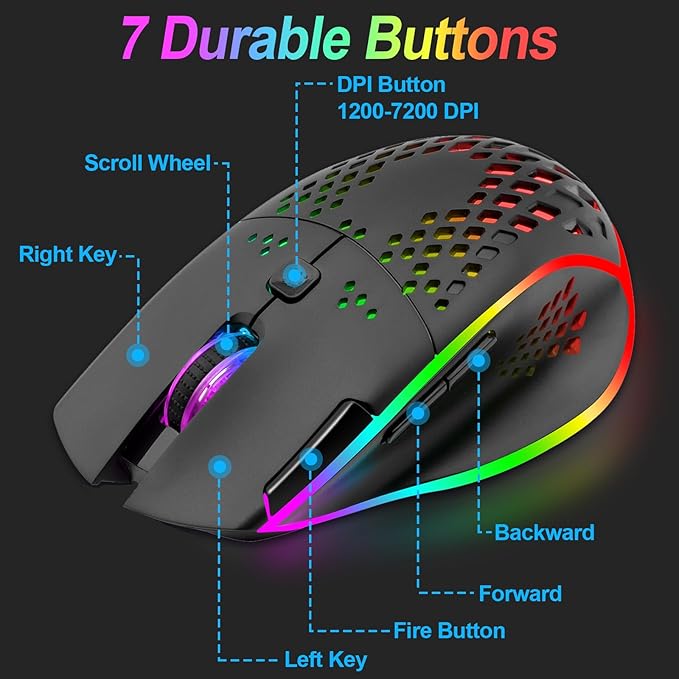 VEGCOO Wireless Gaming Mouse, C30 Silent Click Wireless Rechargeable Gaming Mouse with Double-Click Key and Colorful LED Lights, 3 Level Adjustable DPI, 400mah Lithium Battery for Gaming and Working