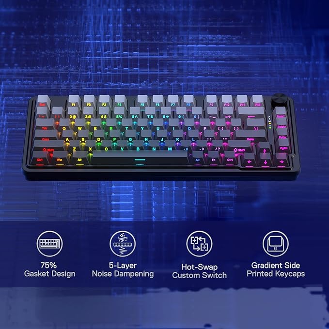 Redragon K673 GB 75% Wireless Gasket RGB Gaming Keyboard, 3-Modes 81 Keys PBT Compact Mechanical Keyboard w/Hot-Swap Socket, Dedicated Knob Control & 5-Layer Noise Dampening, Custom Linear Switch