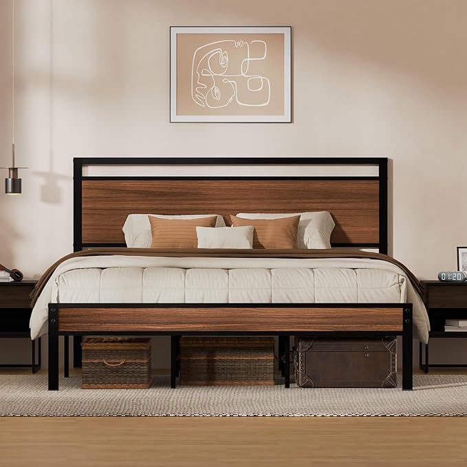 Z-hom Upgraded King Size Bed Frame, Heavy Duty Metal Sturdy King Bed Frame with Modern Wood Headboard & Footboard, Stable Platform Bed Furniture Bed Storage, No Noise, No Box Springs,Walnut