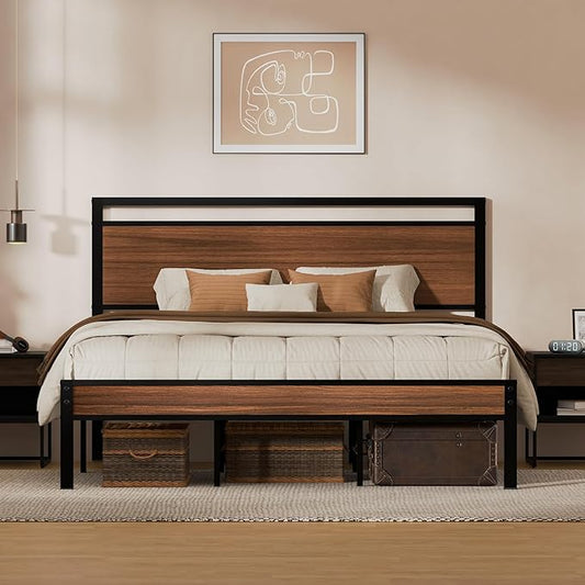 Z-hom Upgraded King Size Bed Frame, Heavy Duty Metal Sturdy King Bed Frame with Modern Wood Headboard & Footboard, Stable Platform Bed Furniture Bed Storage, No Noise, No Box Springs,Walnut