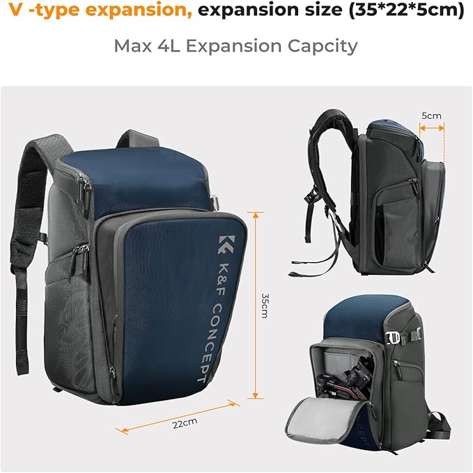K&F Concept Camera bags Waterproof 25L Large Capacity Camera Case with Raincover Camera Case 15.6 Inch Laptop Compartment Compatible with Canon/Nikon/Sony/DJI Mavic Drone Travel Camera Backpack