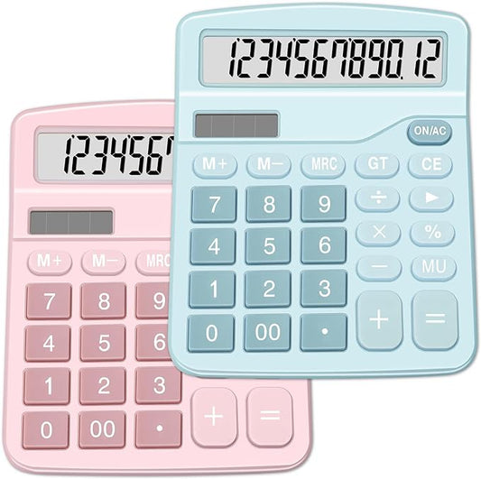 Calculators, Splaks 2 Pack Standard Functional Desktop Calculators Sola and AA Battery Dual Power Electronic Basic Calculator with 12-Digit Large Display for Office, Home, School (1 Blue & 1 Pink)