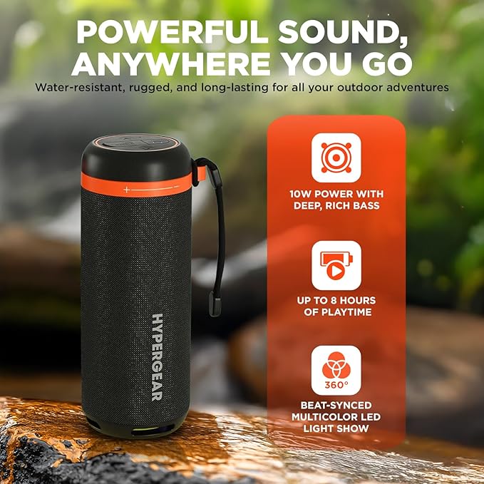 HyperGear SoundTower Bluetooth Speaker - 10W Portable Speakers Bluetooth Wireless Pairing for Shower Speaker, Beach Audio Blue Tooth Speakers Outdoor - Loud Boosted Bass HD Sound BT5.4, Built-in Mic