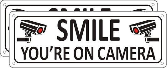 Bagstar (2 Pack) Heavy-duty Metal Smile You're on Camera Sign, 10" x 3.5" Aluminum Video Surveillance Sign, Camera Warning for Home Security, House, Business, Yard, Outdoor