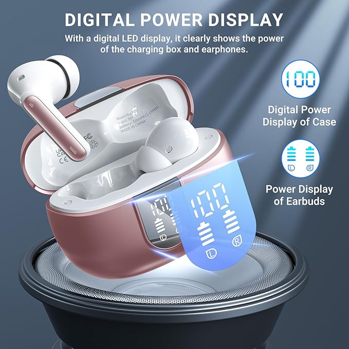 Wireless Earbuds, 2024 Wireless Headphones HiFi Stereo Earphones with 4 ENC Noise Canceling Mic, 42Hs Playtime In Ear Earbud, Bluetooth 5.3 Sport Earphones with LED Power Display for Android iOS Pink
