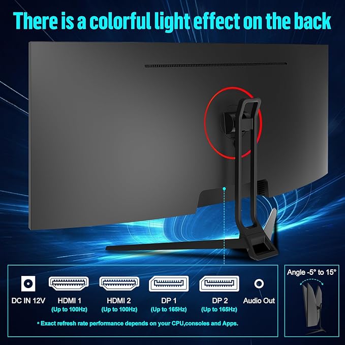 34 Inch Ultrawide Curved Gaming Monitor, 1500R PC Screen 165hz UWQHD 4K, Curved Computer Screen with FreeSync, Support Wallmount 75x75mm-Black