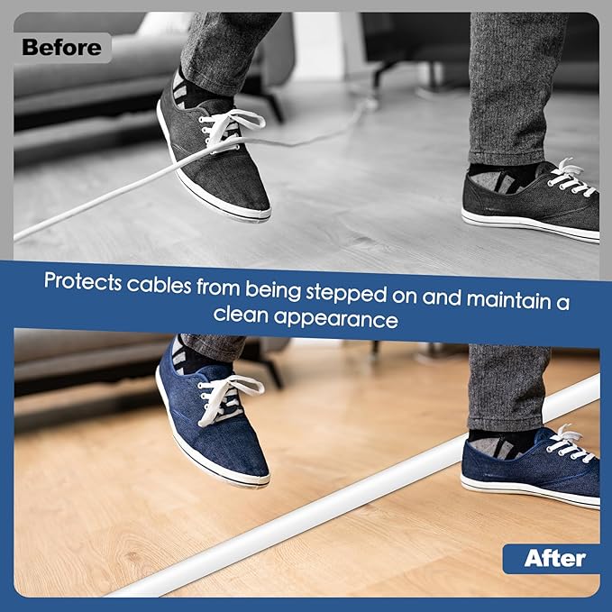 Floor Cord Cover for Wires on Floor Self Adhesive Cord Hider Floor Cable Management Wire Covers for Cords Protector Prevent Cable Trips Cord Cavity W 0.59" x H 0.31", White, 3.3Ft