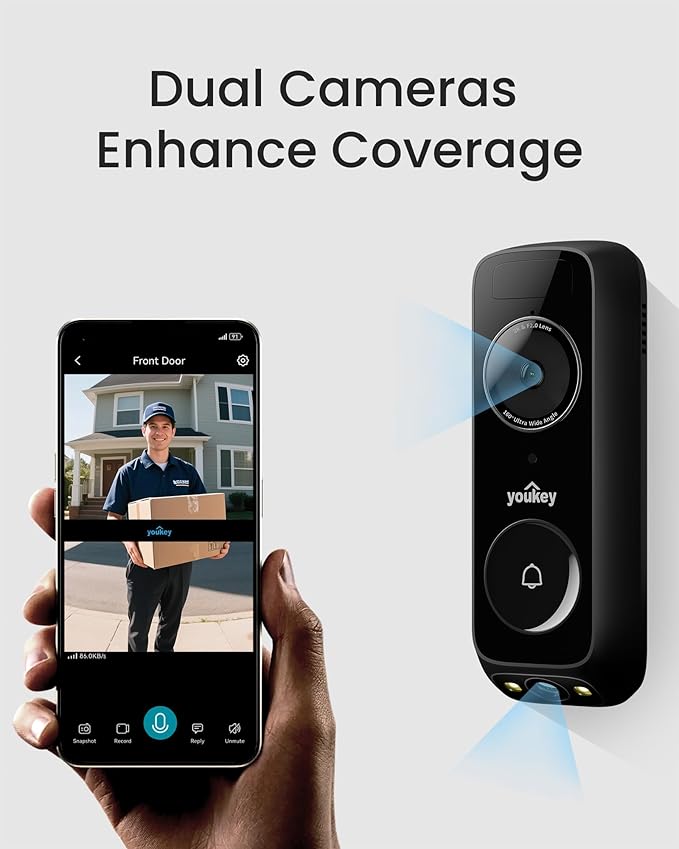 youkey Wired Doorbell Camera with Chime, No Monthly Fee, 2K Video Doorbell with Head-to-Toe Live-view, Package Detection, 2.4/5GHz WiFi-6, Built-in 8Gb Storage, Two-way Talk, Color Night Vision, DB322