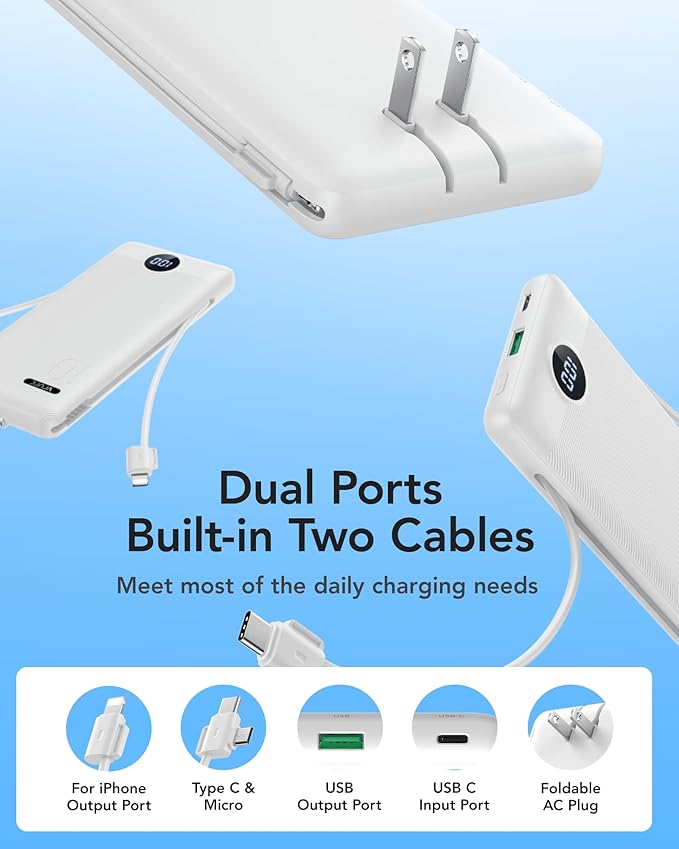 VRURC Portable Charger 10000mAh, Slim Portable Charger with Wall Plug, 22.5W USB Port Fast Charging Power Bank with Cables, 4 Outputs 2 Inputs Travel Essentials Battery for Smartphones-White (1 Pack)