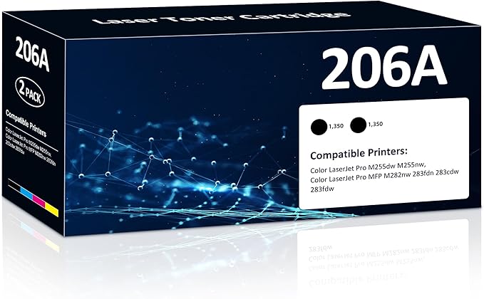 206A Black Toner Cartridges 2 Pack M283fdw M283cdw Toner Compatible for HP 206A 206X Set for HP Color Laser Jet Pro M255dw M255nw MFP M283fdw M283cdw M282nw M283fdn Printer(2 Black)