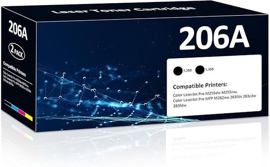 206A Black Toner Cartridges 2 Pack M283fdw M283cdw Toner Compatible for HP 206A 206X Set for HP Color Laser Jet Pro M255dw M255nw MFP M283fdw M283cdw M282nw M283fdn Printer(2 Black)