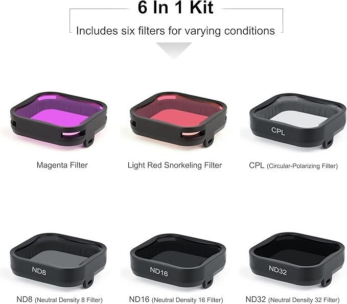 6 Pack Camera Lens Filter Set for GoPro Hero7 6 5 Black 2018,3ND Filters(ND8/ND16/ND32),CPL Filter, Light Red/Magenta Filters, Neutral Density Circular Polarizer,Protective for Color Correction