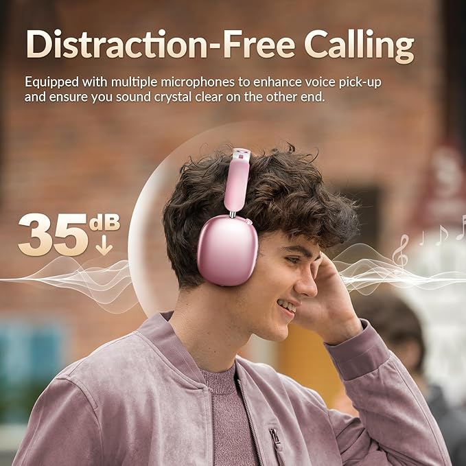 Y02 Active Noise Cancelling Headphones,60H Battery,5 EQ Music Modes,Hi-Res Audio,Deep Bass,Foldable Wireless Over Ear Bluetooth 5.4 Headset,Breathable Leather Earpads (Pink)