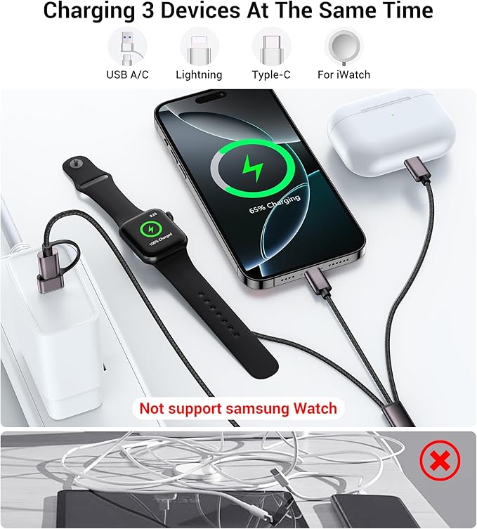 Temdan for Travel Vacation Essentials,3 in 2 USB C Cable for Apple Watch Charger/iPhone 17 Charger/Lightning,Multi Charging Cable Cord,Camping Essentials,Designed for iWatch &iPhone 16-12-5FT Black