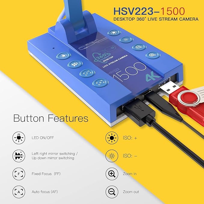 TreasLin USB Document Camera 15MP Document Camera for Teachers, Remote Learning, Classroom Presentations, Art Classes Online Teaching with Multi Angle Rotation Adjustment LED Light