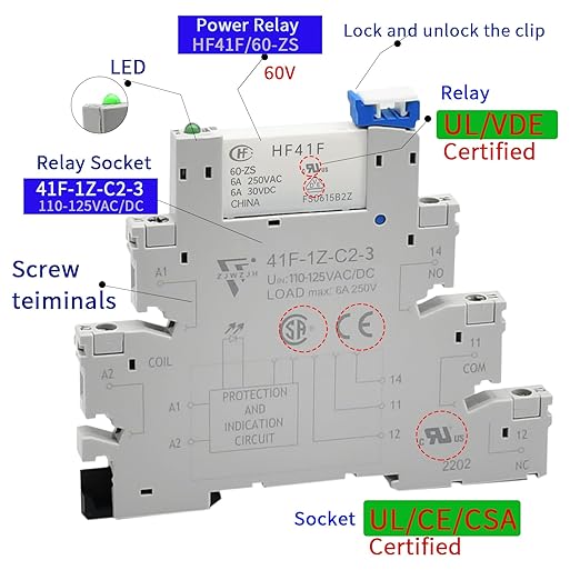 10Pcs Electromechanical Relay Miniature Power Relay 110V/ 120V AC/DC HF41F/60-ZS 1NO 1NC 6A SPDT with LED Indicator, Socket Base, DIN Rail Slotted UL Certification