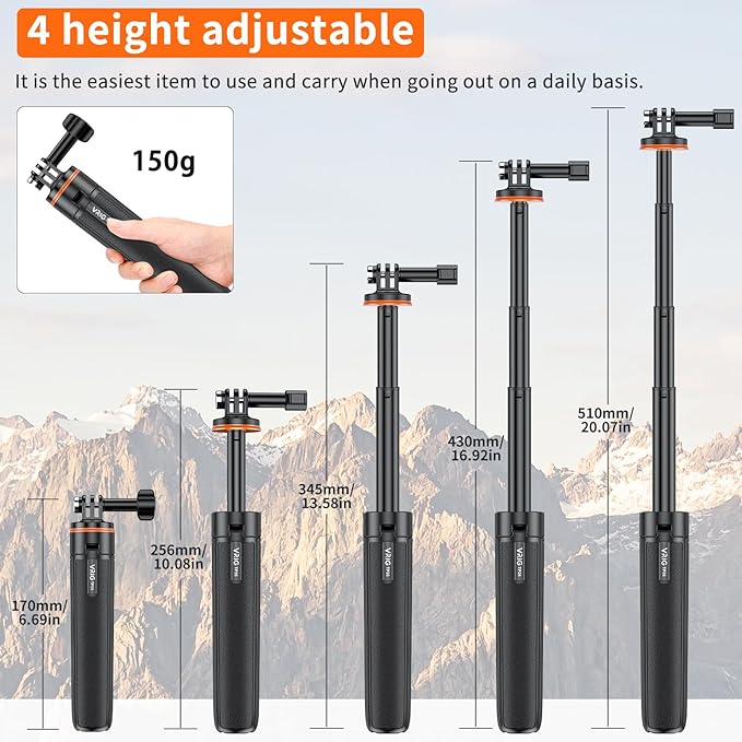 VRIG TP-08 20.1" Mini Extendable GoPro Tripod Portable Selfie Stick Tripod Camera Tripod for GoPro Max Hero 11 10 9 8 7 6 5 4 3 3+ 2 1 Session