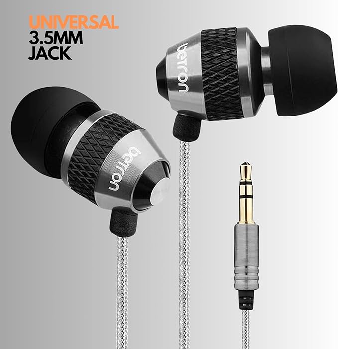 Betron B25 Earphones, Noise Isolating in-Ear Wired Headphones with Strong Bass, Tangle-Free Cord, Lightweight, Carry Case and Soft Earbud Tips, Black