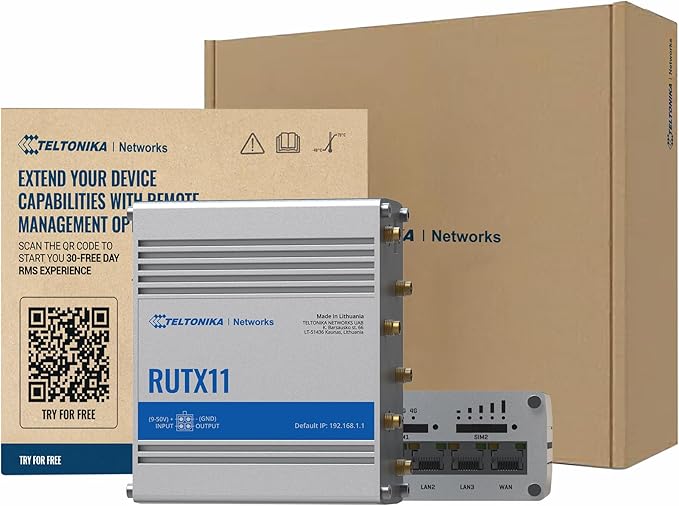 Teltonika RUTX11 Industrial Cellular WiFi Router Dual SIM Card Slot - 4G LTE CAT 6, Speeds Up to 300 Mbps - LAN, WiFi, & Bluetooth LE Connectivity - RMS Compatible, Auto Failover (TELRUTX11100400)