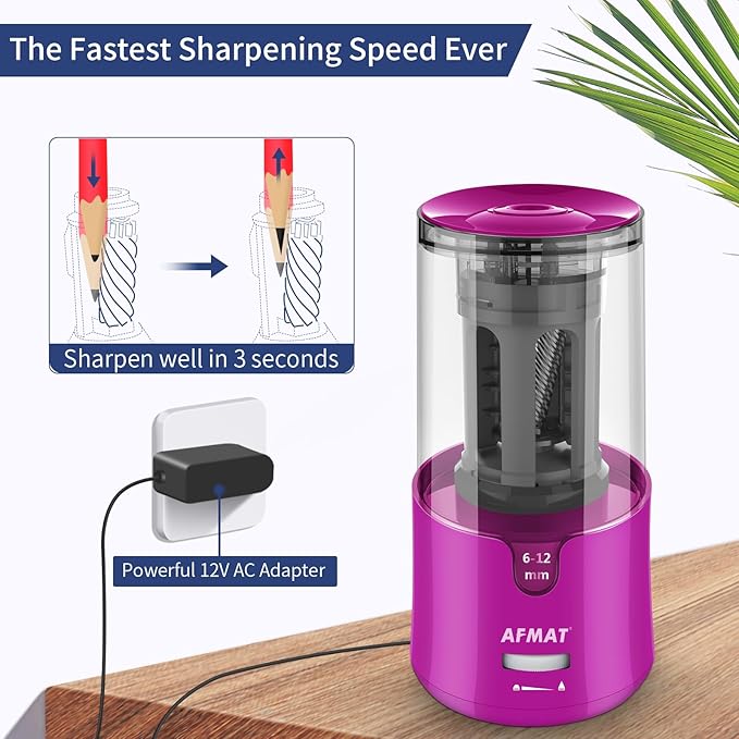 AFMAT PS91 Electric Pencil Sharpener for Colored Pencils, Auto Stop, Fast Sharpen in 3s, Large Hole Pencil Sharpener Plug in for 6-12mm No.2/Jumbo Pencils - Purple