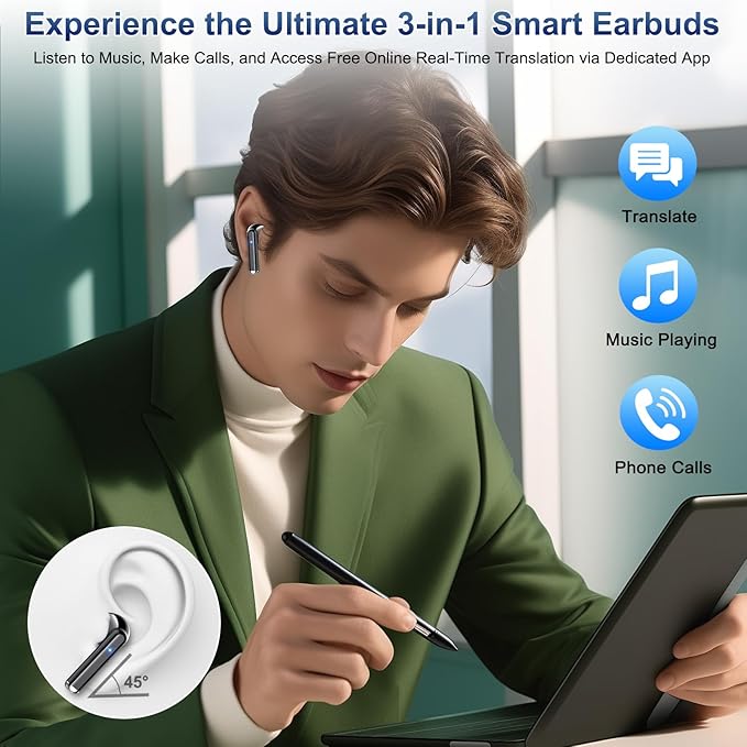 AI Translation Earbuds Real Time, 164 Language Translator Earbuds 3-in-1 Bluetooth 5.4 with APP, Translation Headphones with 6 Translation Modes Translating Device for Travel/Business/Learning, Black