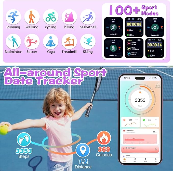 Smart Watch for Kids Fitness Activity Tracker for Boys Girls, Waterproof, Puzzle Games, Alarm Music, Sport Mode, Heart Rate, Sleep, Pedometer, Children Smartwatch Birthday Gift for Teens, Purple