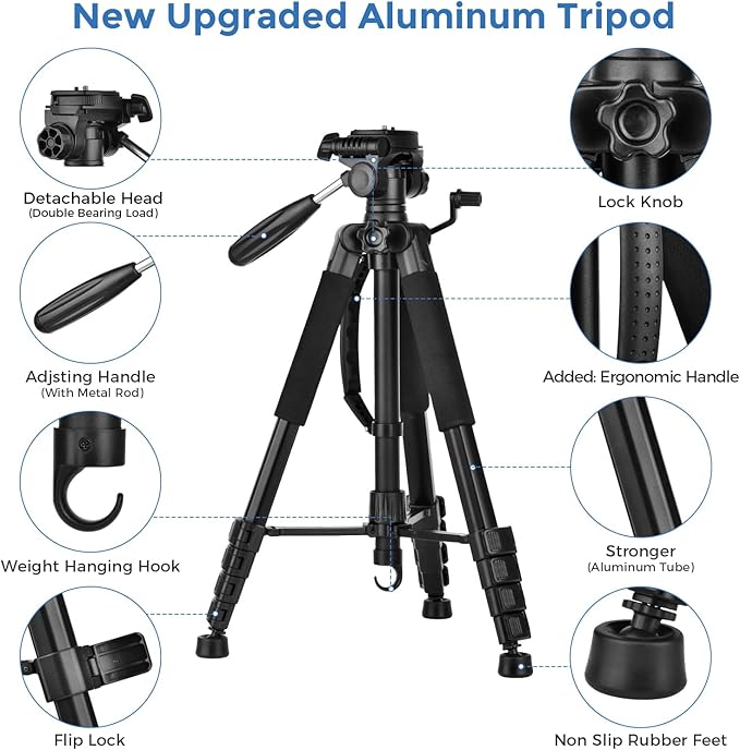 Camera Tripod Stand, LINKCOOL 74 Inch Tall Tripod for Camera Canon Nikon Sony - Lightweight Aluminum Tripod Camera Stand with Detachable Head, Remote Shutter & Phone Mount for Vlog Live Streaming