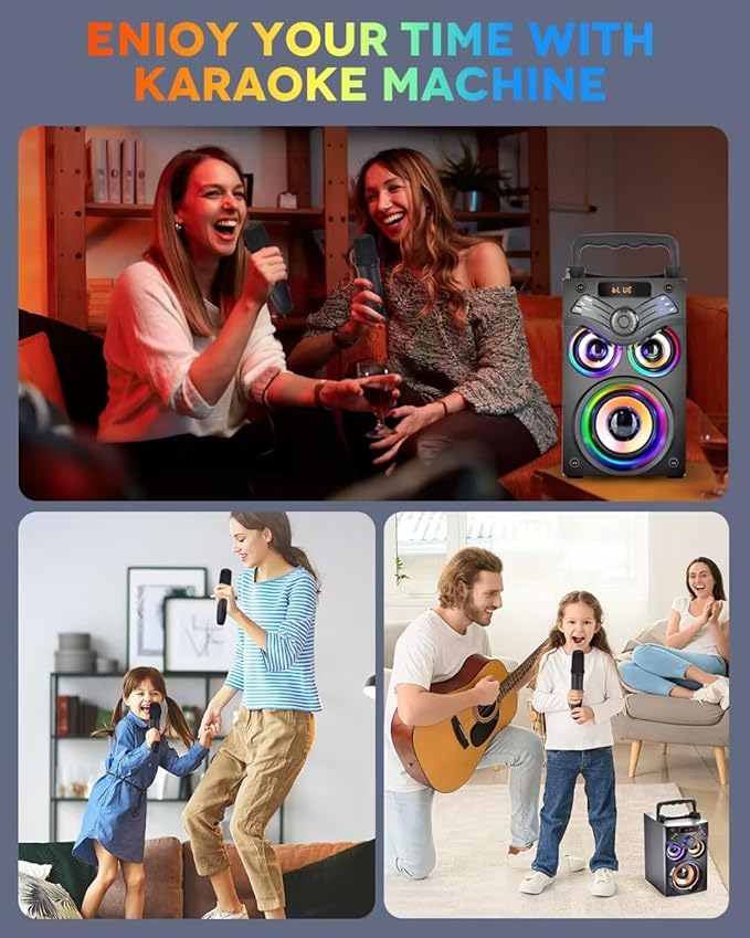 SUPINIU Bluetooth Speaker, 15W Wireless Portable Speaker with LED Owl Lights, Stereo Sound, FM Radio, EQ, TF, Party Speakers with Wireless Microphone for Home,Camping, Beach,Garage