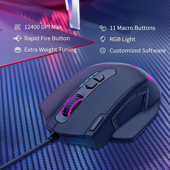 E-YOOSO Wired Large Gaming Mouse, RGB Backlit, 5 Macro Side Buttons, 200-12400 DPI, 11 Programmable Buttons, Rapid Fire Button, Adjustable Weights, Software Supports, Ergonomic for PC/Mac, Black