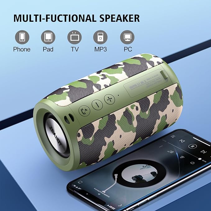 ZEALOT Portable Bluetooth Speaker, S32 Outdoor Speaker, Waterproof IPX5, Dual Pairing, Stereo Sound/TF Card/USB/AUX Competible for iPhone14 Samsung Home/Hiking/Fishing- Camo