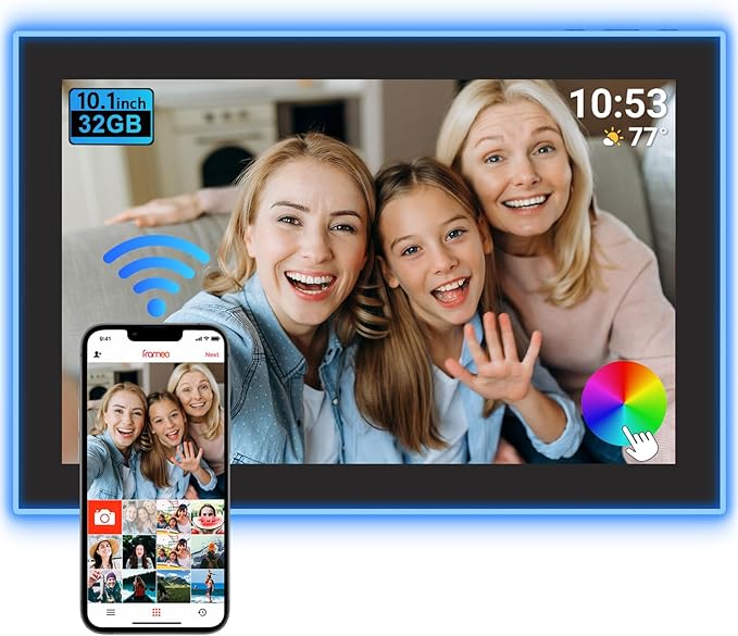 32GB FRAMEO 10.1 Inch WiFi Digital Photo Frame with Neon Light, 1280x800 HD IPS LCD Touch Screen, Auto-Rotate, 32GB Storage, Support USB Drive/SD Card Extend Storage, Share Moments via Frameo App